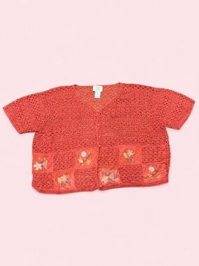 Teddi Red Crochet Embroidered Cardigan Top 1X Boho Cottagecore Y2K Festival